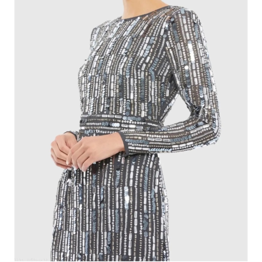 NWT | Mac Duggal Gray Embellished High Neck Long Sleeve Fitted Dress | Sz 8 - Picture 3 of 3